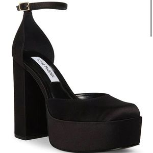 STEVE MADDEN BLACK AGATA SATIN PLATFORM WEDGES PUMPS CHUNKY HEEL